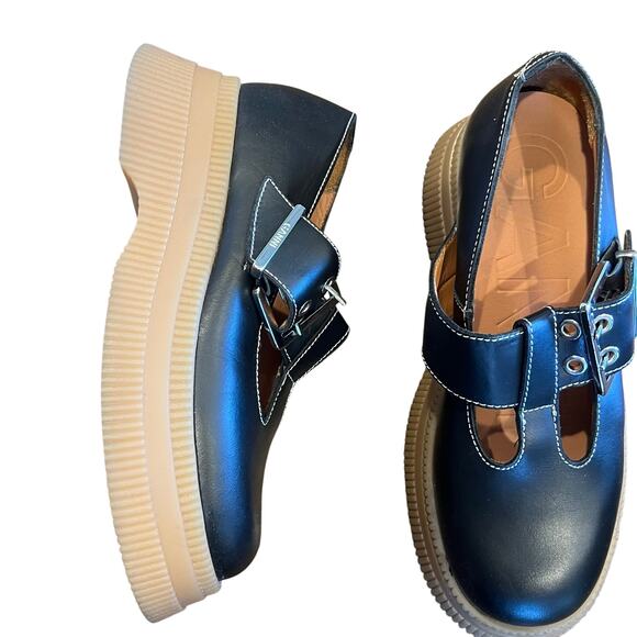 GANNI Creepers Black leather Platform loafers T-strap EU 39 - Picture 2 of 7